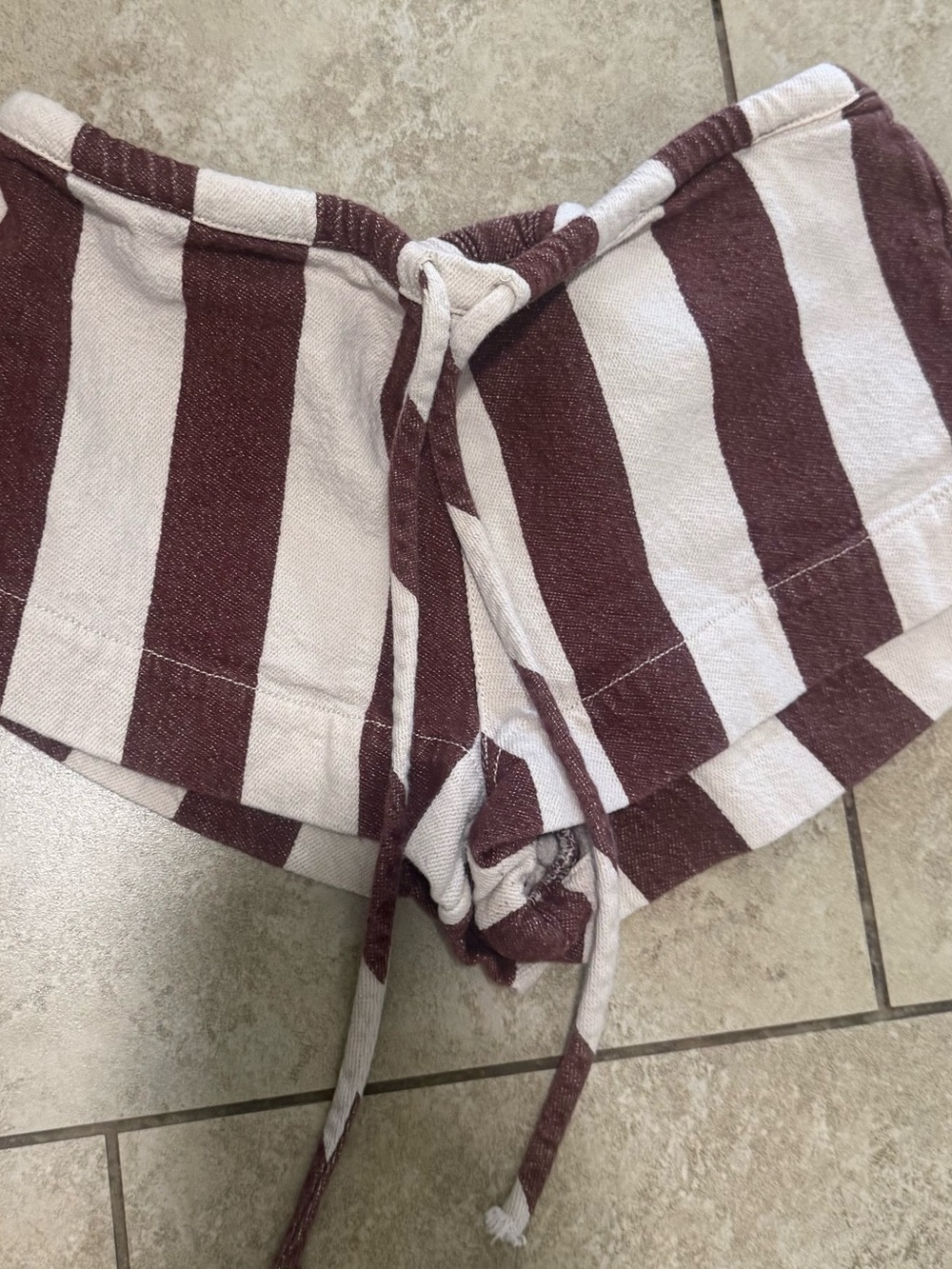 Free People Maroon and Cream Striped Tie-Waist Athletic Shorts